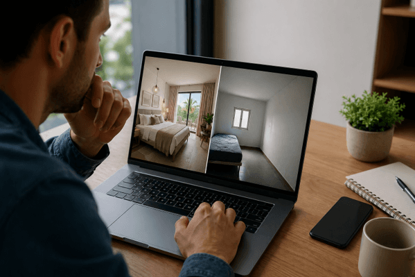 Traveler reviewing an Airbnb listing on a laptop with a cautious expression