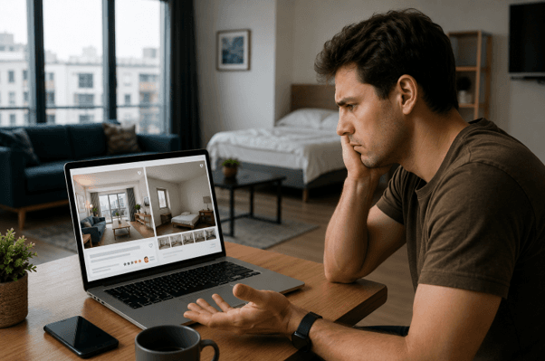Traveler looking disappointed while checking into a vacation rental that doesn't match expectations