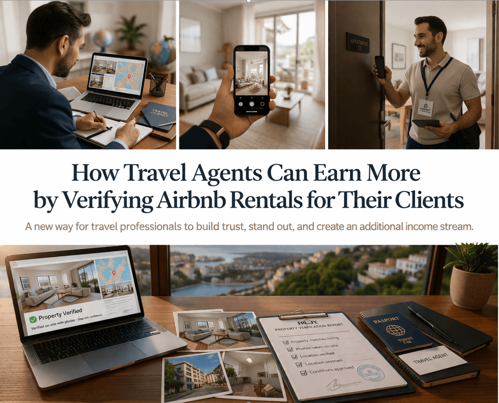 Travel agent reviewing an Airbnb listing on a laptop with a local property in the background