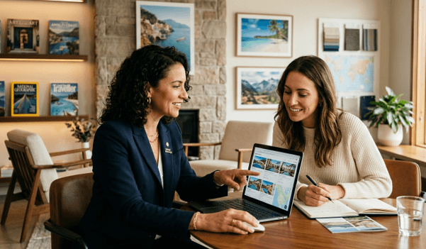 Travel agent reviewing vacation rental options on a laptop to earn commission