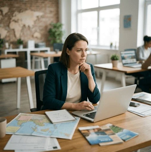 Travel agent reviewing listings with a client showing signs of hesitation