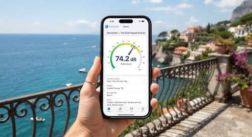 A phone decibel meter reading 74 dB held against the terrace railing