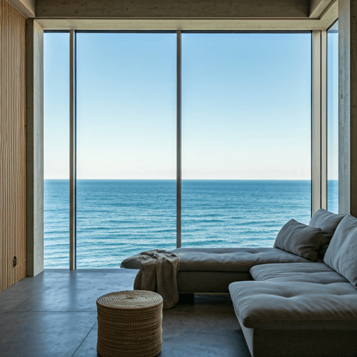 Modern vacation rental interior with large windows overlooking ocean